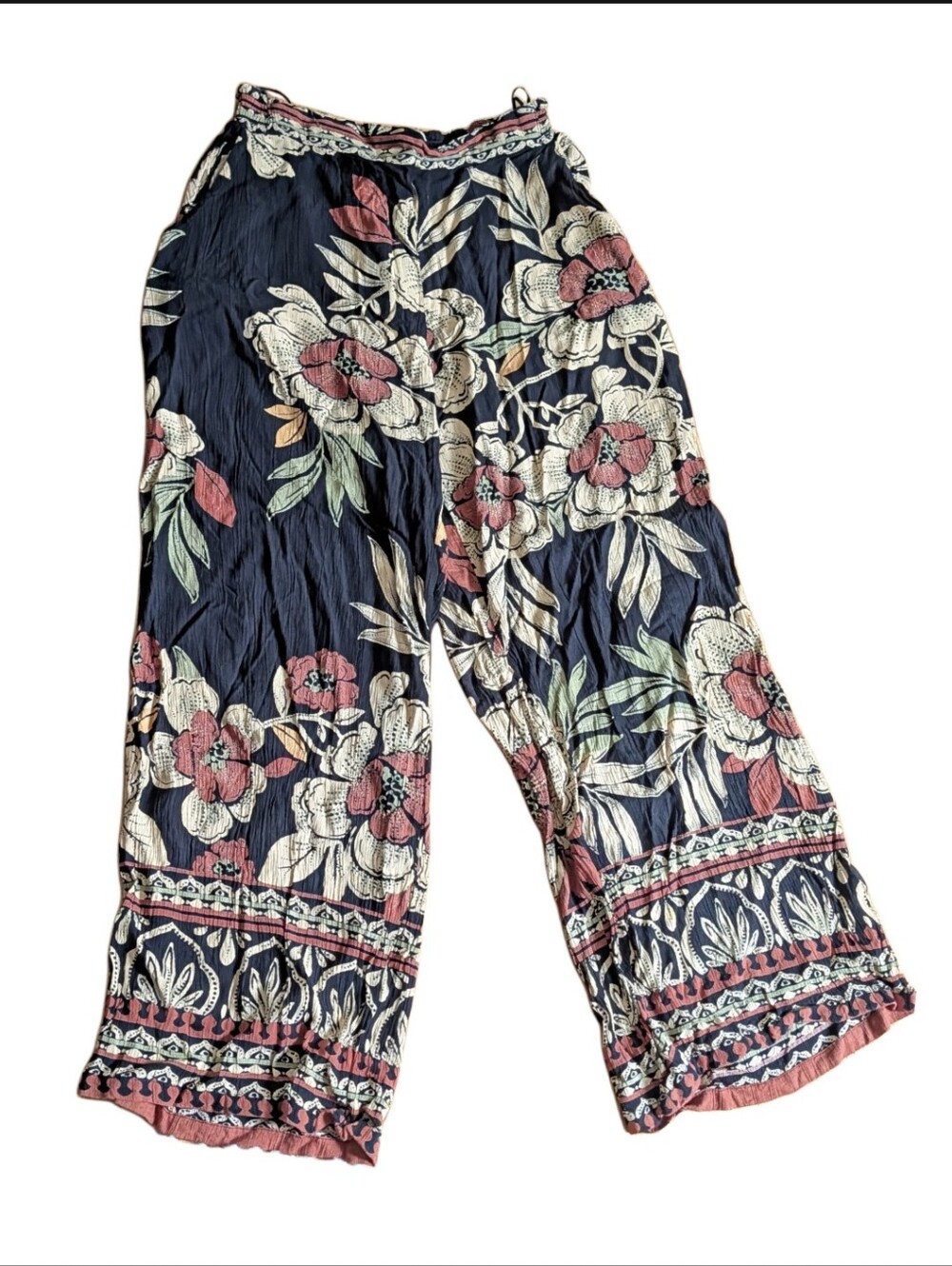 Angie Bohemian Crinkle Style Floral Wide Leg Smocked Waist Pants Size S